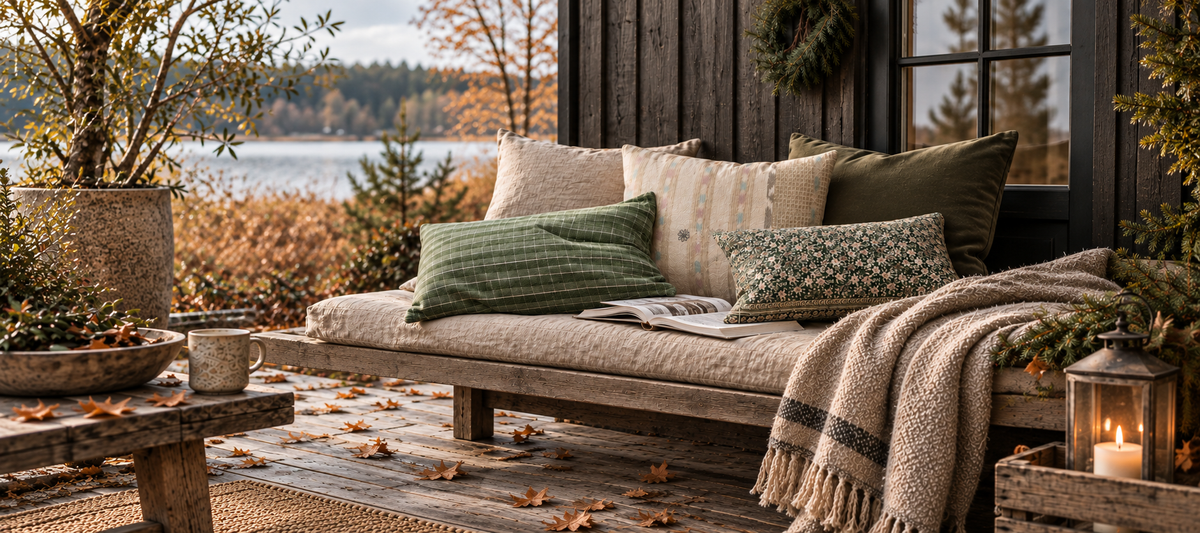 Coussins et plaid sur un banc en bois près d’un chalet sombre avec vue sur un lac aux couleurs d’automne.
