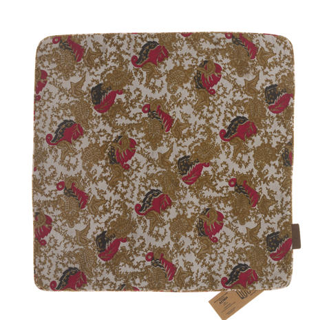 50x50 Silke pudebetræk med beige base og farverigt orientalsk boho blomstermønster samt røde grønne blomster og stribedetaljer i sari stil