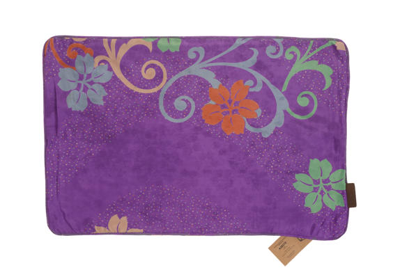 Unikt 60x40 cm Silke pudebetræk i lilla med farverigt orientalsk mønster af slyngplanter og blomster i orange og grøn til boho etnisk sari pude