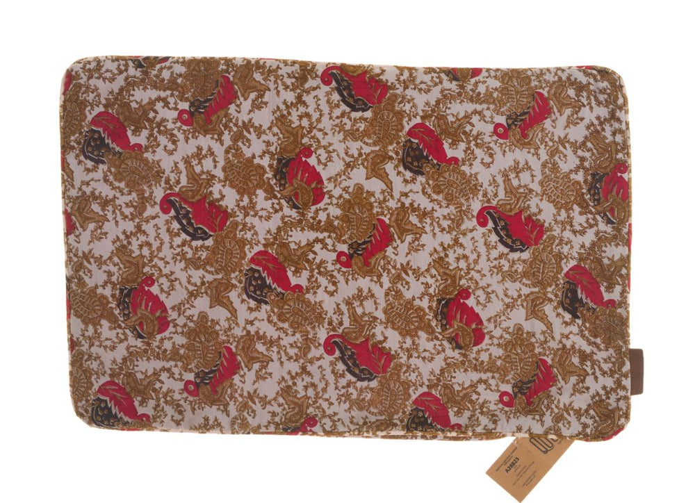 Silke pudebetræk 60x40 cm som sari pude i vintage orientalsk etnisk boheme med brune slyng og røde fugle på råhvid bund