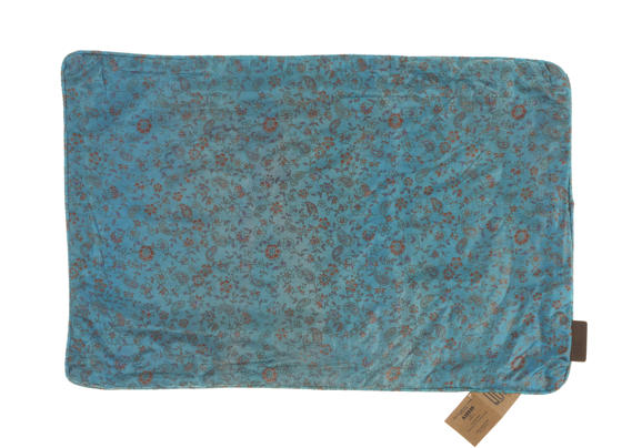 Unikt silke pudebetræk 60x40 cm i turkisblå med små orange mønstre vintage orientalsk boho indisk sari pude med farverigt mønster