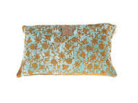 Sari pillowcase 30x50 in light blue turquoise with colorful boho floral and vine patterns in ochre and brown, Indian touch vintage sari pillow/upcycled pillowcase