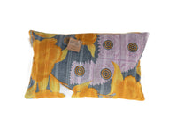 Sari pillowcase 30x50 in mustard yellow with beige, cream and light turquoise patterns, circles and ornaments - unique Indian pillowcase in vintage/boho style.