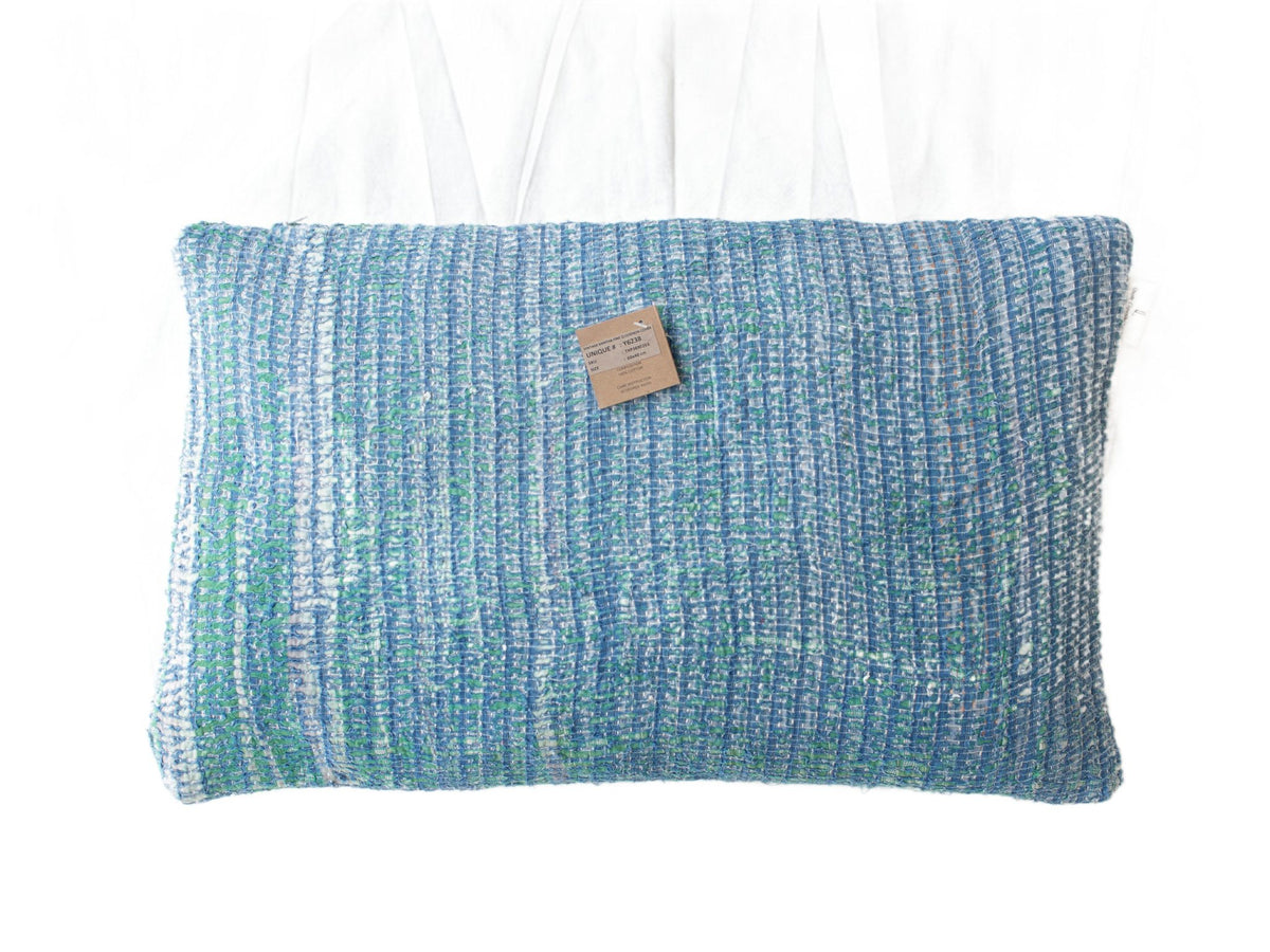 Indian sari pillowcase 60x40 in light blue with colorful yellow-brown floral patterns - unique bohemian/boho sari pillow for oriental vintage pillows