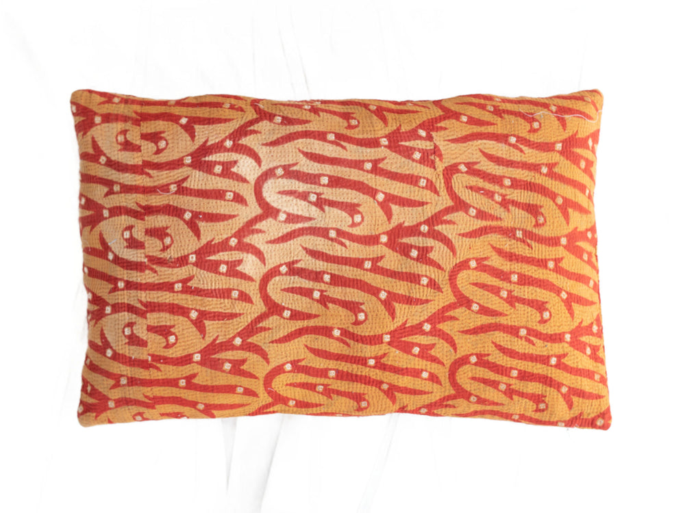 Unikt sari pudebetræk (60x40) med farverige indiske elefantmønstre i orange, grøn og sort – vintage boho/boheme saripude med etnisk orientalsk stil