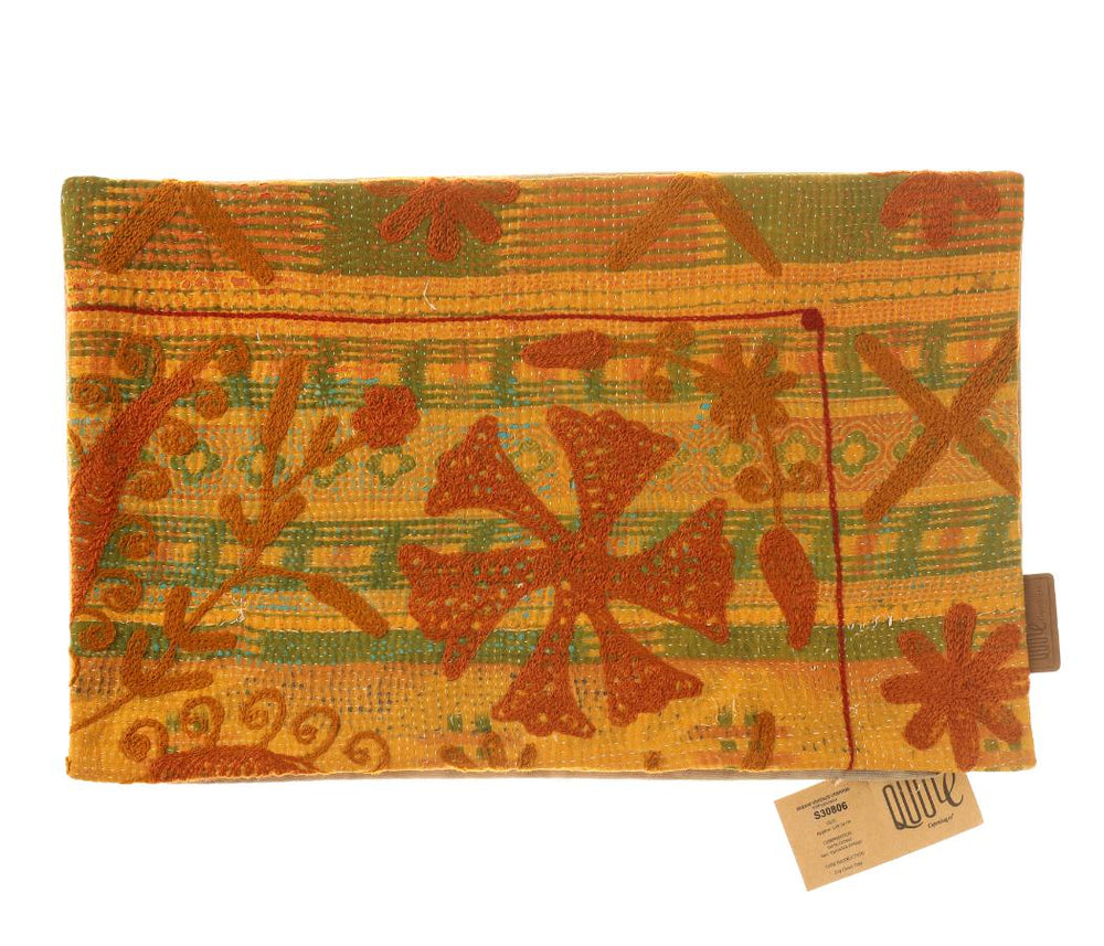 Farverigt suzani pudebetrÃ¦k 30x50 cm med indisk vintage orientalsk mÃ¸nster i rustorange olivengrÃ¸n og sennepsgul samt stiliserede motiver