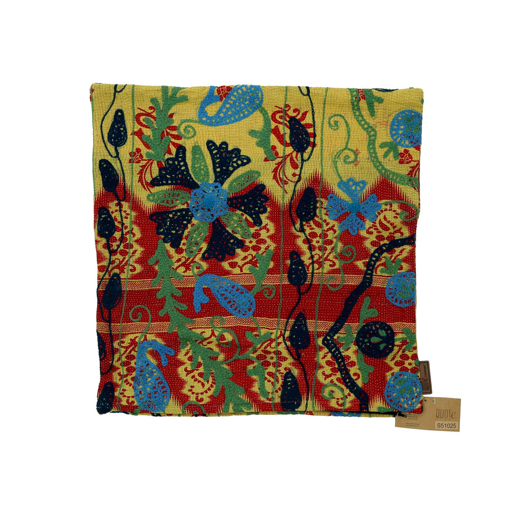 Farverigt suzani pudebetrÃ¦k med rÃ¸d og gul bund med orientalske peacock-motiver blÃ¥ og grÃ¸nne blomster i mÃ¸rkeblÃ¥ konturer
