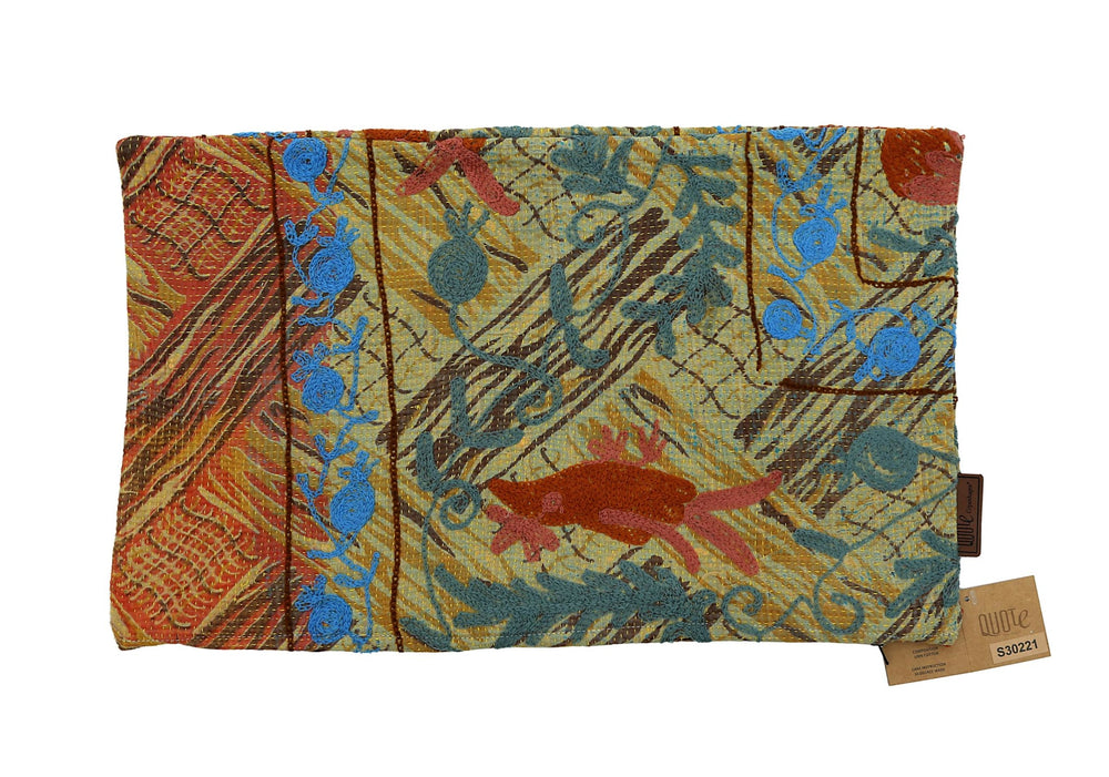 Unikt suzani pudebetrÃ¦k 30x50 cm som sari pude med farverigt orientalsk mÃ¸nster i blÃ¥ turkis rÃ¸d og okker med broderede slyng og blomster