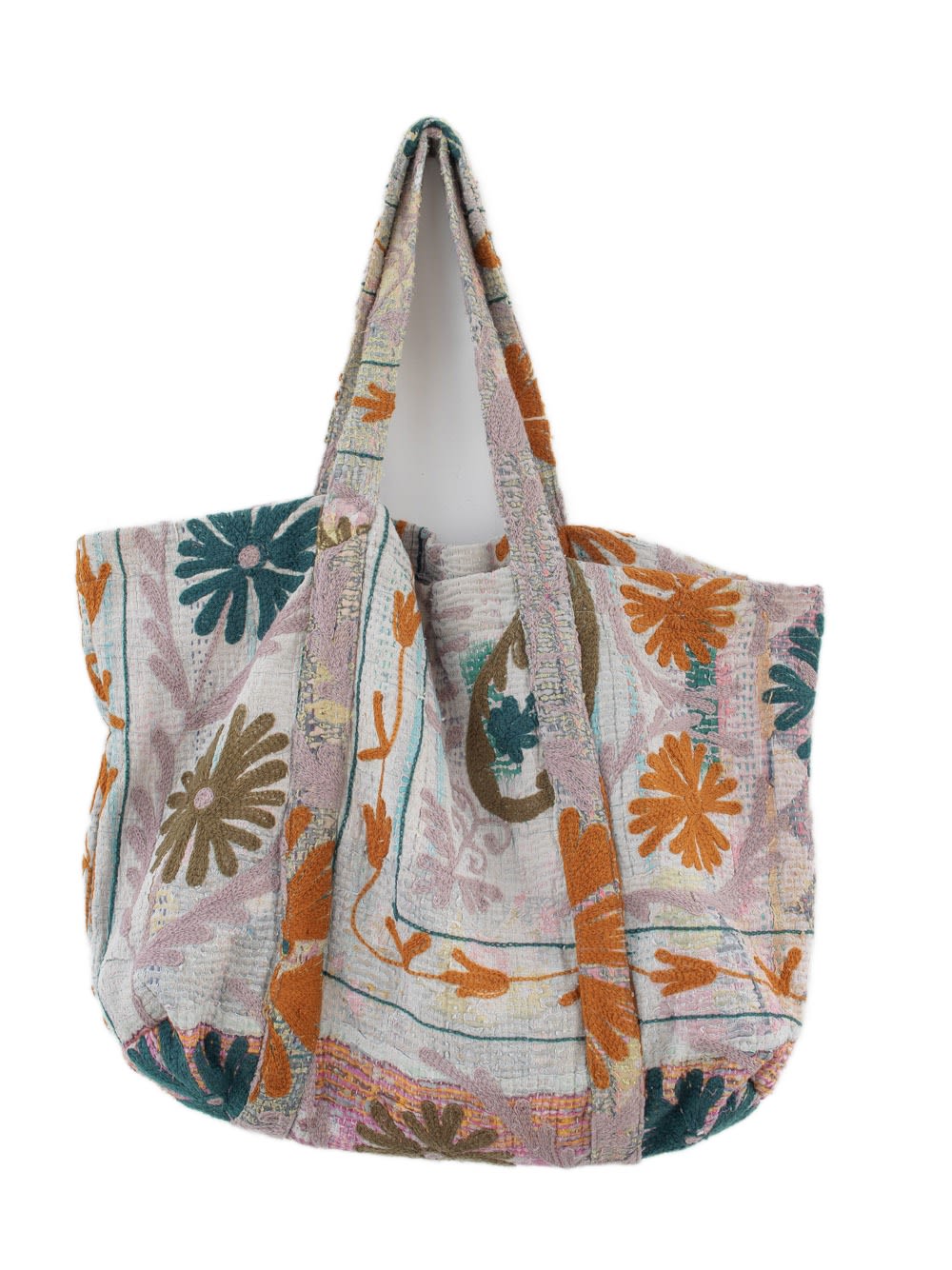 Sac de plage Suzani vintage avec des broderies en rose, orange, bleu-vert et vert olive, vue de face
