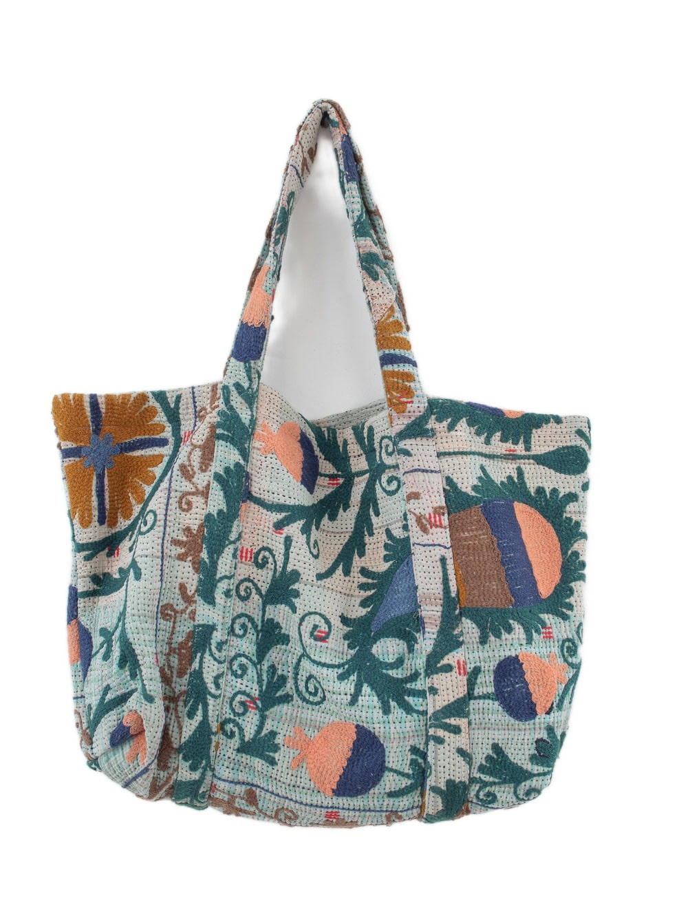 Sac de plage Suzani vintage avec des broderies en bleu-vert, orange et bleu marine, vue de face