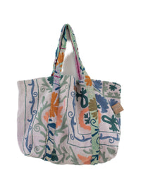 Stor flerfarvet broderet blomstertote-taske med botanisk mønster og dobbelte skulderstropper