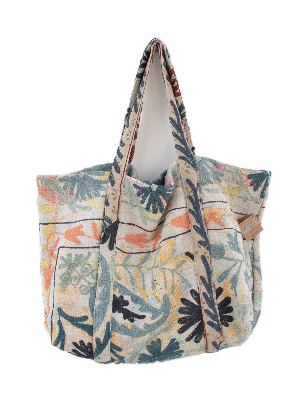 Sac de plage Suzani vintage avec des broderies en bleu marine, jaune, vert et pêche, vue de face