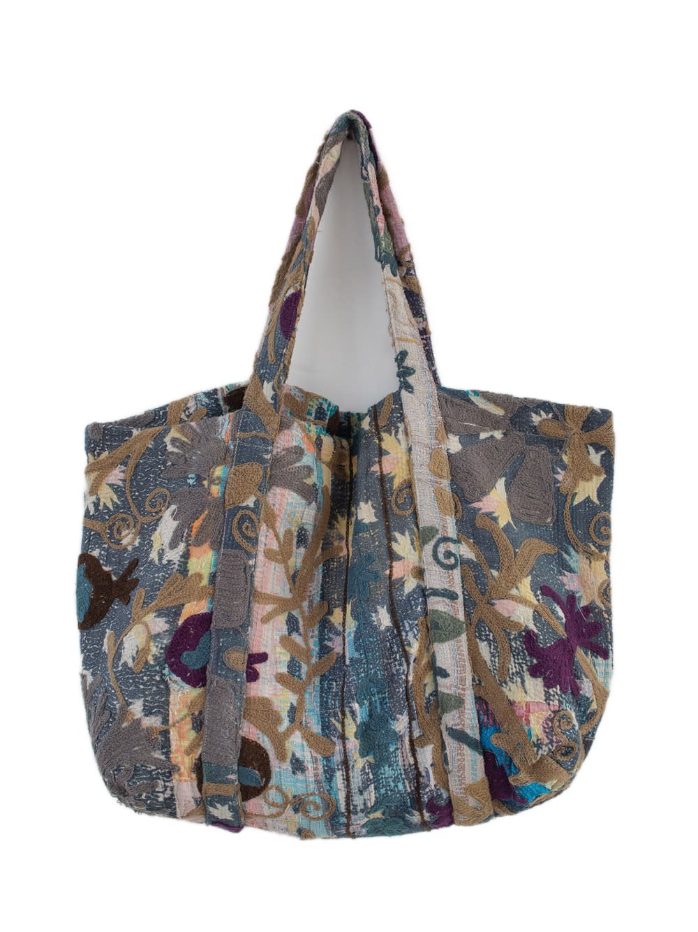 Sac de plage Suzani vintage avec des broderies en bleu marine, gris, crème, turquoise et violet, vue de face