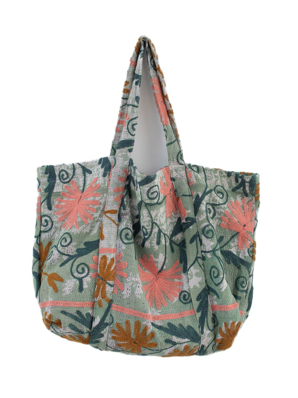 Sac de plage Suzani vintage avec des broderies en vert clair, vert foncé, rose et ocre, vue de face