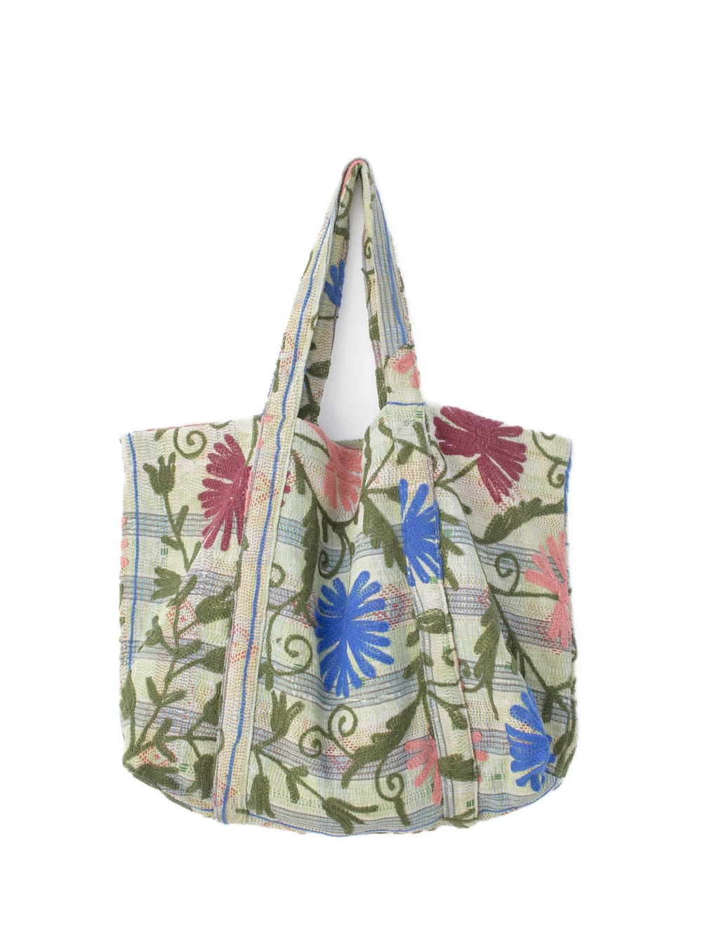 Sac de plage Suzani vintage avec des broderies en vert, rose et bleu, vue de face