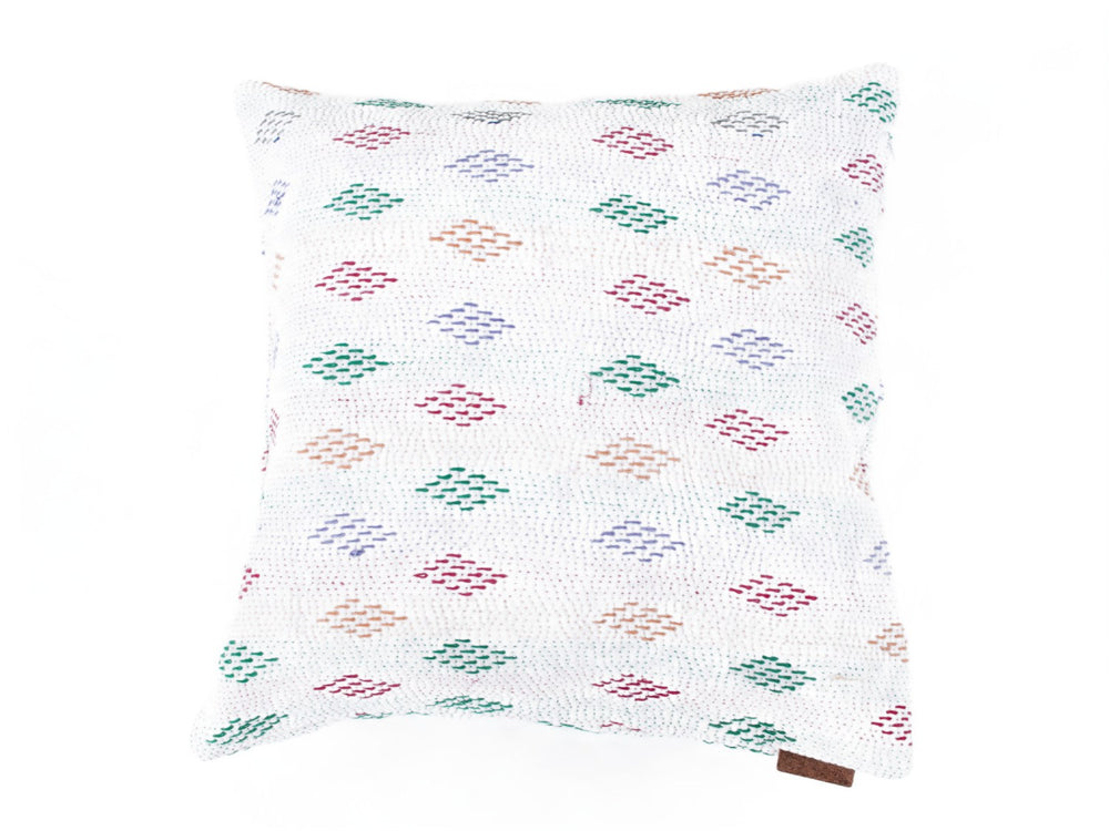 Sari pudebetræk 50x50 i hvid bomuld med farverige indiske orientalske mønstre i rød, grøn og blå, vintage boho saripude/unik pude (saripuder)