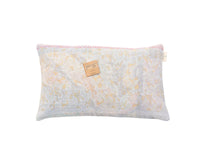 Sari pillowcase in size 30x50 with light white/blue base and colorful golden oriental patterns, vintage boho Indian pillow in upcycled style