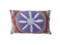 Unique suzani pillowcase 30x50 cm in gray with blue and purple floral rosette, cream stripes and rust fringe for oriental boho pillow.