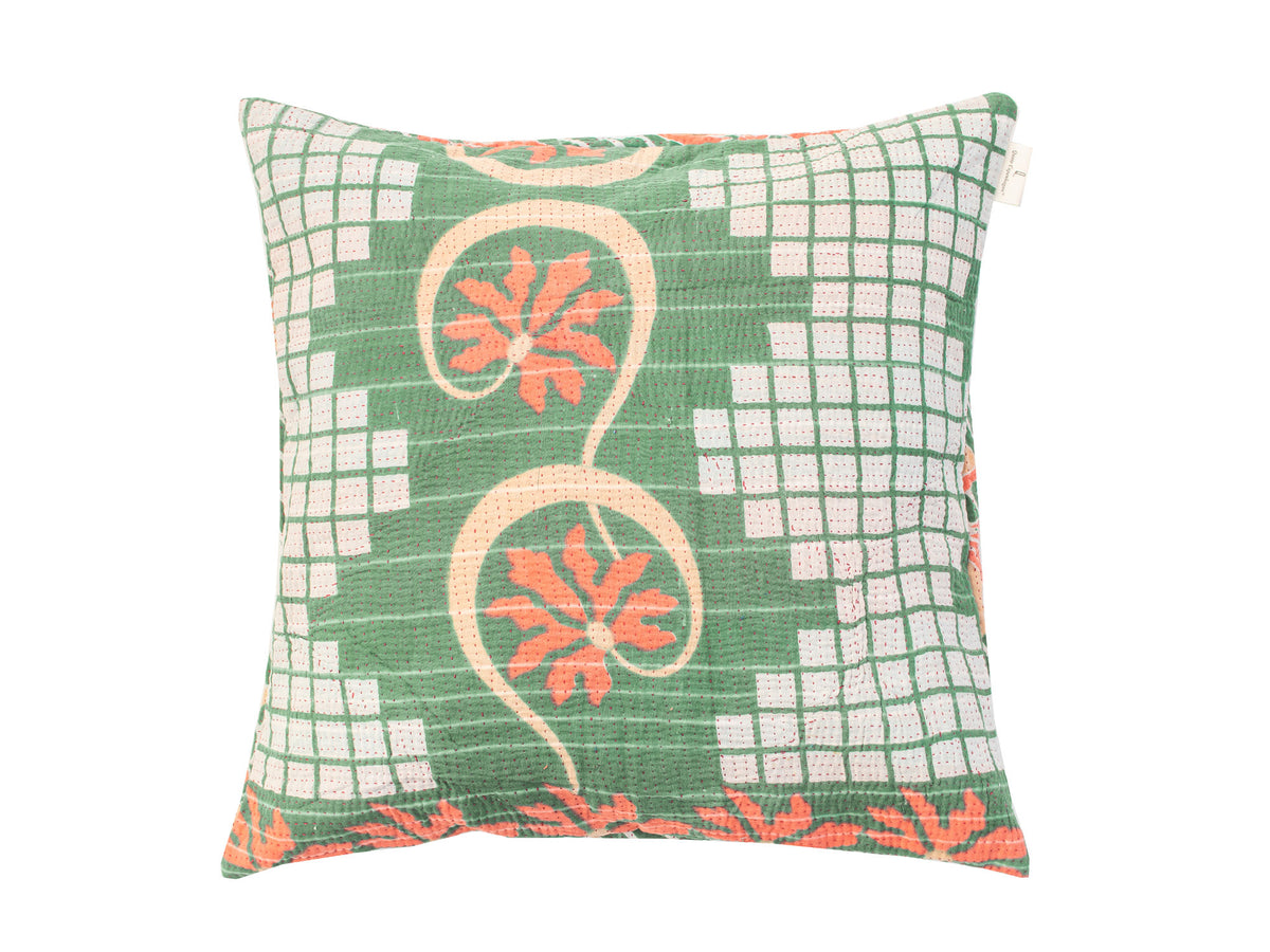 50x50 sari pillowcase with green and coral colored flowers in rings and checkered grid pattern - unique Indian/vintage boho sari pillow design for ethnic sari pillows and colorful pillowcases