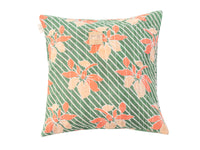 Sari pillowcase 50x50 in green, orange and beige with floral and stripe pattern - unique Indian/boho Indian pillowcase in vintage style