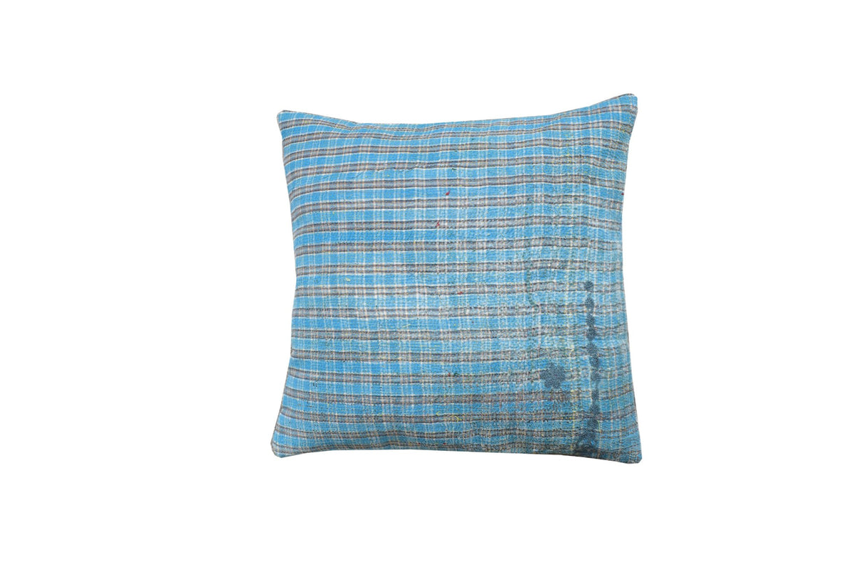 50x50 sari pillowcase in blue, turquoise and beige with fine stripes and ethnic, vintage woven pattern - unique sari pillow in boho/bohemian style