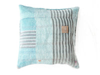 Sari pillowcase 50x50 with turquoise, gray and white striped pattern - Indian vintage boho/bohemian sari pillow in upcycled sari textile look
