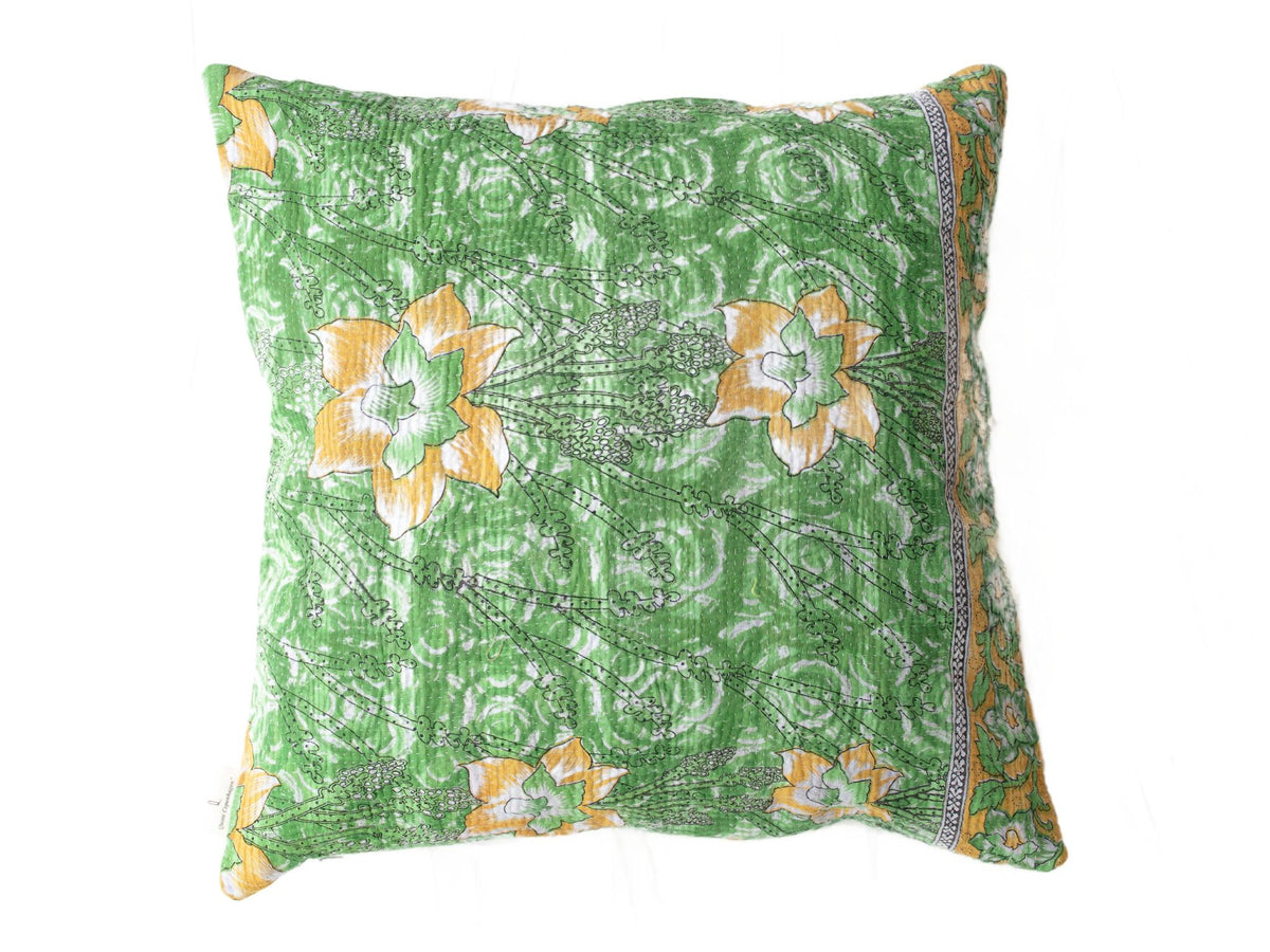Green Indian sari cushion cover 50x50 with colorful flowers and vintage pattern, bohemian sari cushion/unique cushion in boho style