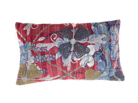Suzani pillowcase 30x50 cm in red with colorful embroidered flowers, leaves and bird motifs in blue, gray and beige in boho vintage oriental style.