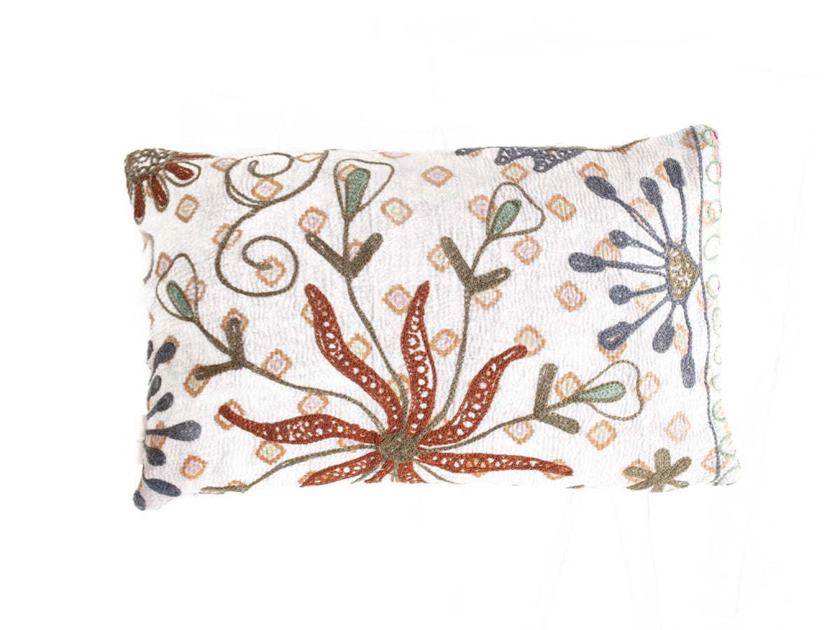 White suzani pillowcase 30x50 cm with colorful oriental embroidery: winding flowers in terracotta dark blue and dusty green boho vintage
