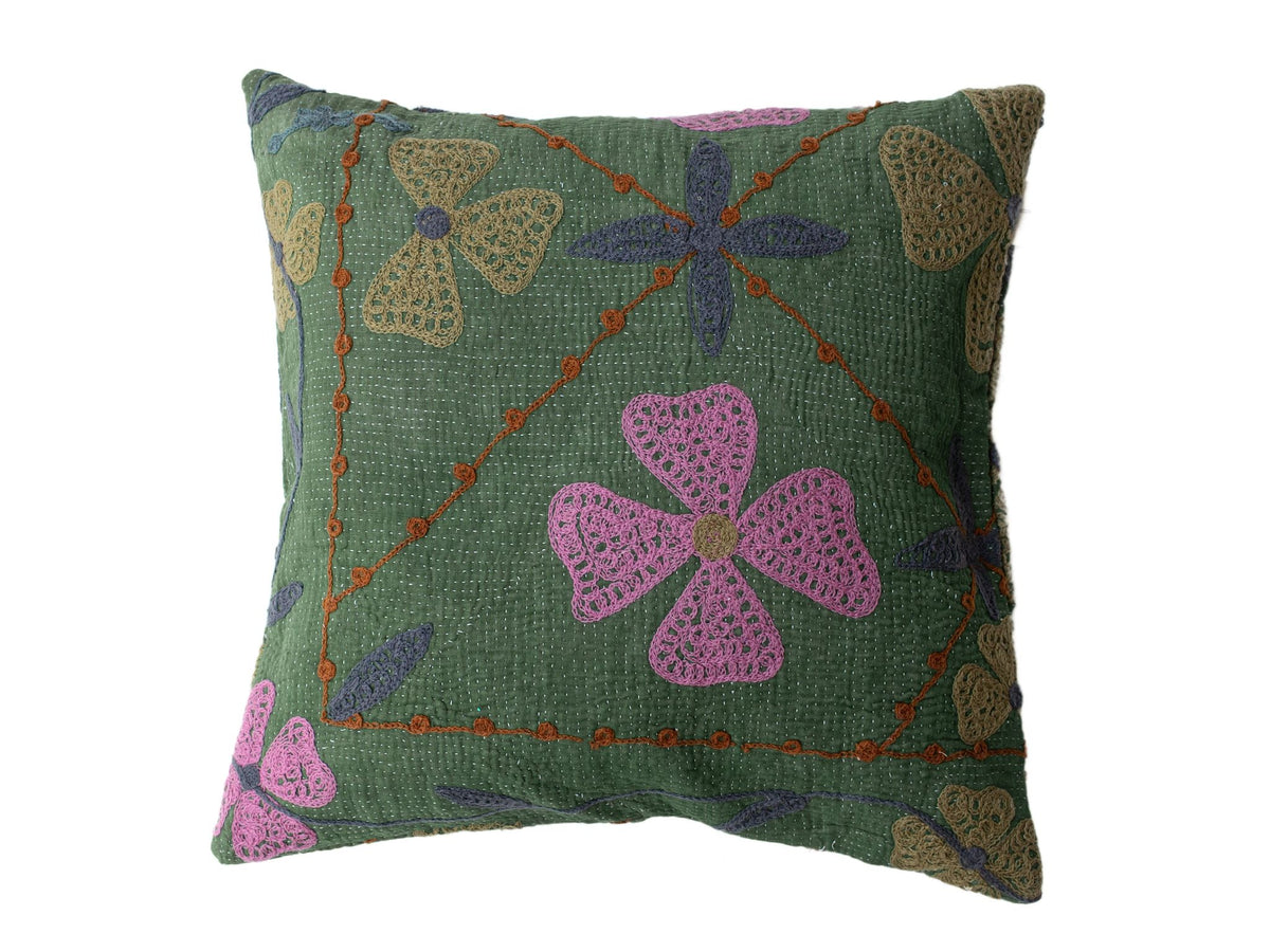 Green Indian suzani pillowcase 50x50 cm with hand-embroidered rosettes in pink blue leaves and brown-orange cord in boho vintage ethnic style