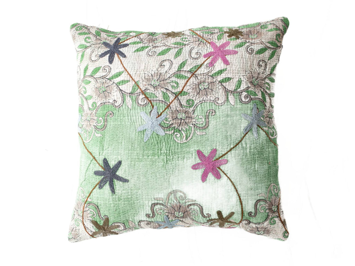 Unique sari cushion suzani cushion cover in 50x50 cm with light green fabric and white patterned ribbon with colorful flowers and winding lines in bohemian oriental style